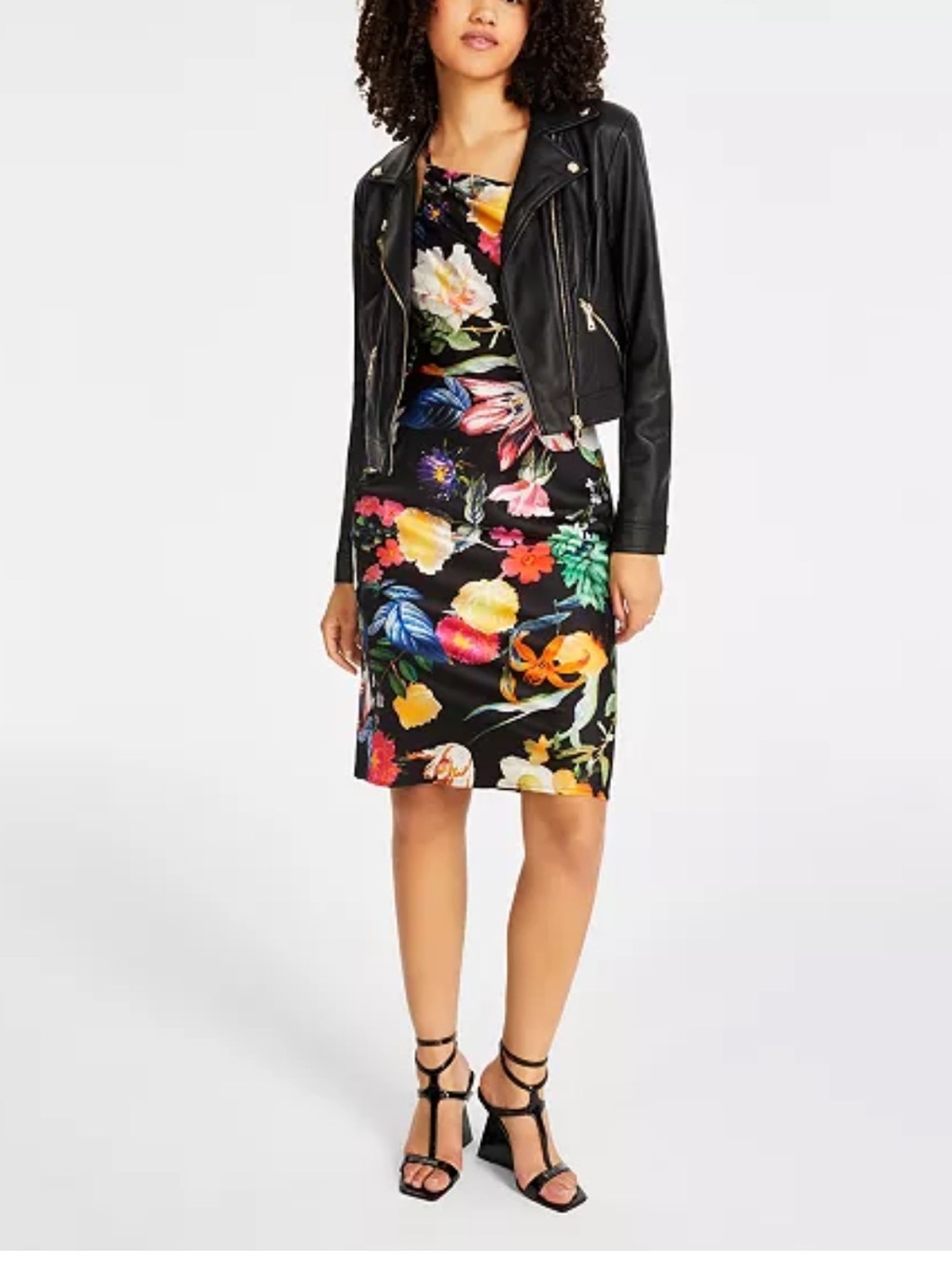 Guess Garden Glow One-Shoulder Dress in Black with Multicolor Floral